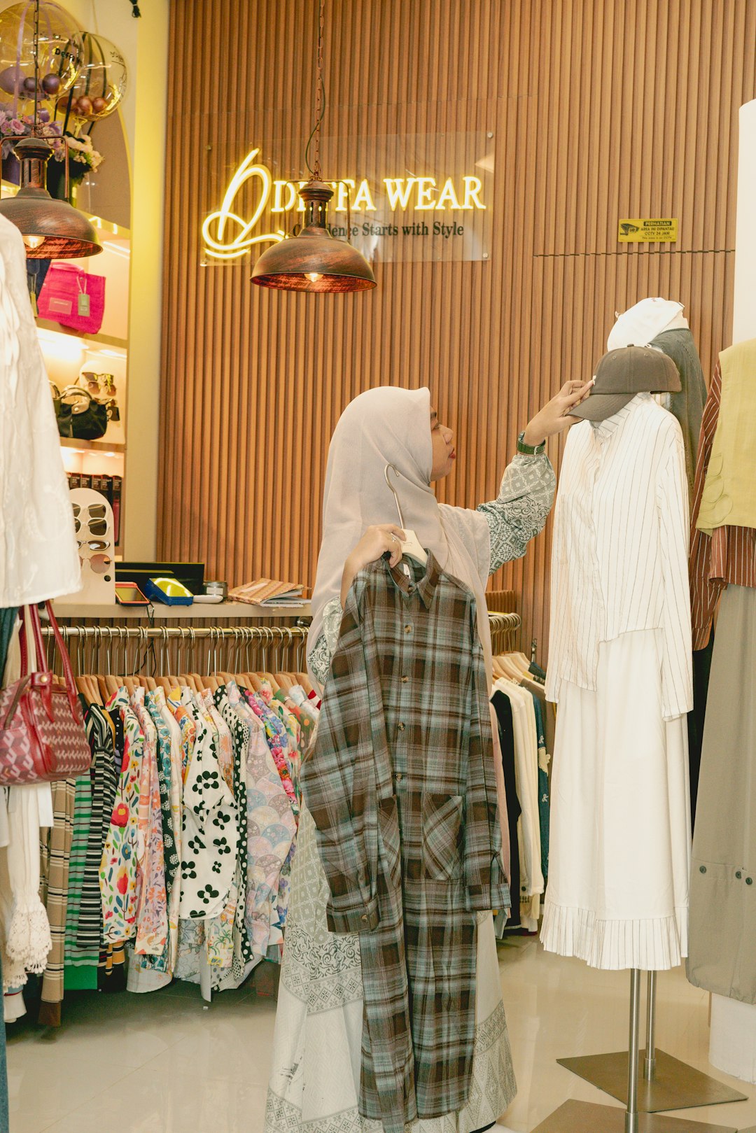 A woman browsing and comparing outfits in a curated fashion store, surrounded by soft lighting and earthy tones that highlight a modern retail experience.